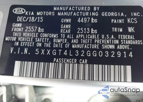 2016 Kia Optima Lx из США, поврежденный, VIN 5XXGT4L32GG032914